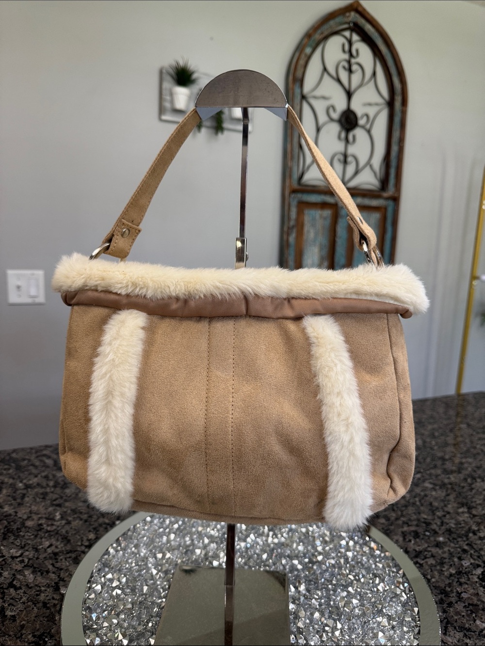 Bath & Body Works Tan Shoulder Bag with Cream Faux-Fur Trim EUC